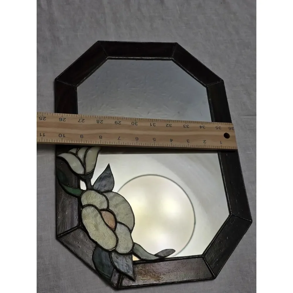 Vintage Floral Stained Glass Frame Mirror Flowers Cottage Flower 14 X 10